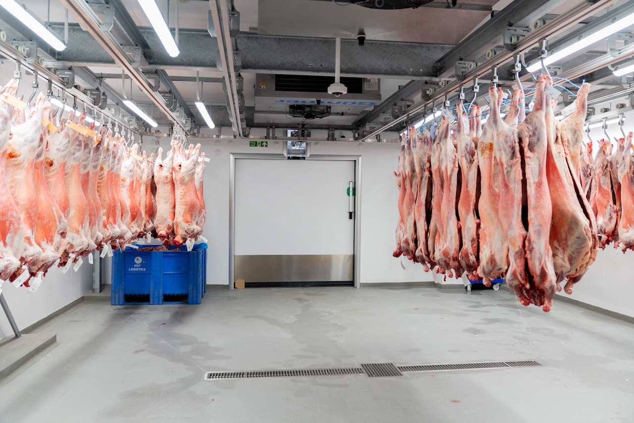 Meat rail system designed around centrally positioned refrigeration evaporators
